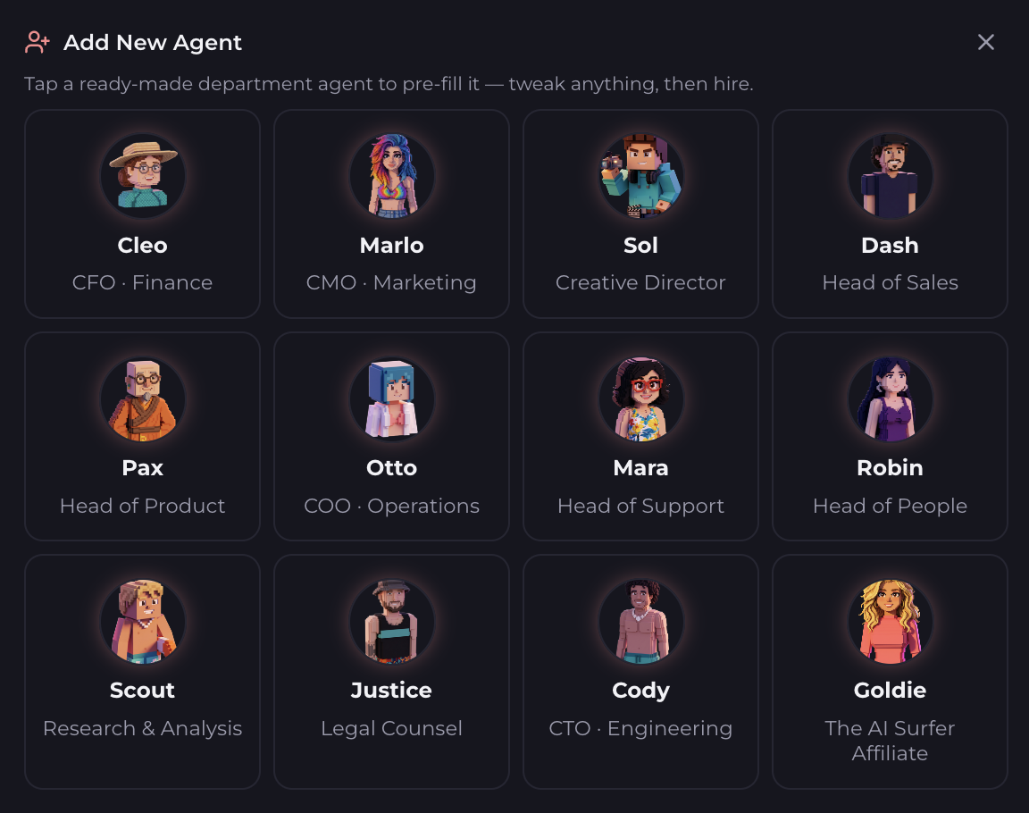 Add new agent department grid showing finance, marketing, sales, content, product, operations, support, legal, and people departments